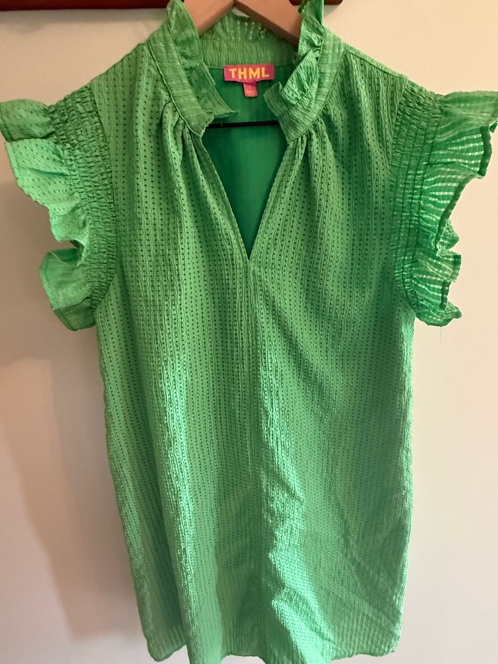 THML Green Ruffle Sleeve Textured Shift Dress Size Small